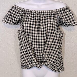 J. Crew Black and White Gingham Off-Shoulder Blouse